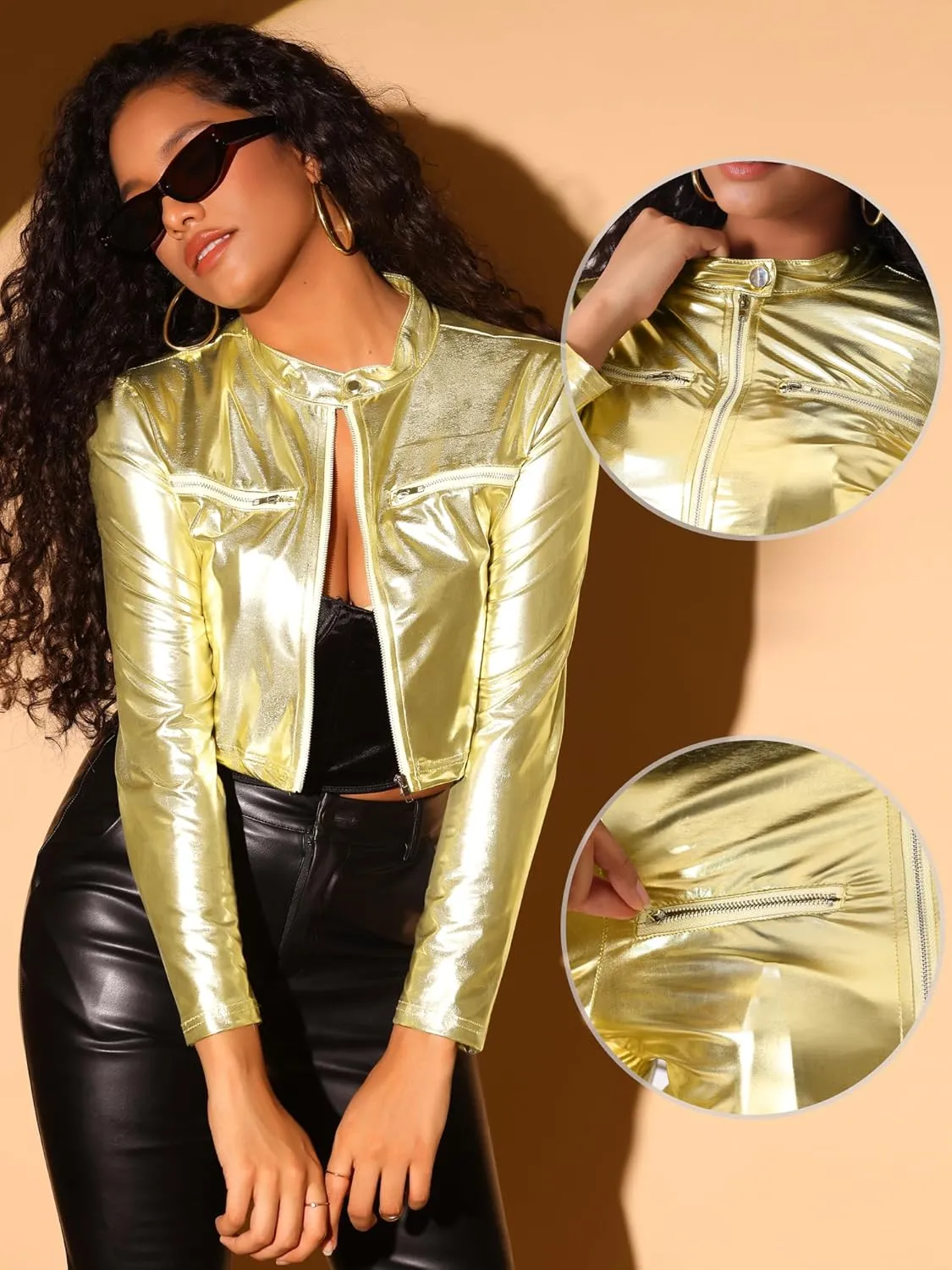 Allegra K Stand Collar Jacket for Women's Christmas Costumes Metallic Zipper Cropped Party Club Long Sleeve Jackets