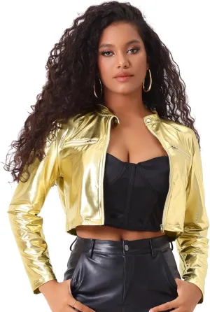 Allegra K Stand Collar Jacket for Women's Christmas Costumes Metallic Zipper Cropped Party Club Long Sleeve Jackets