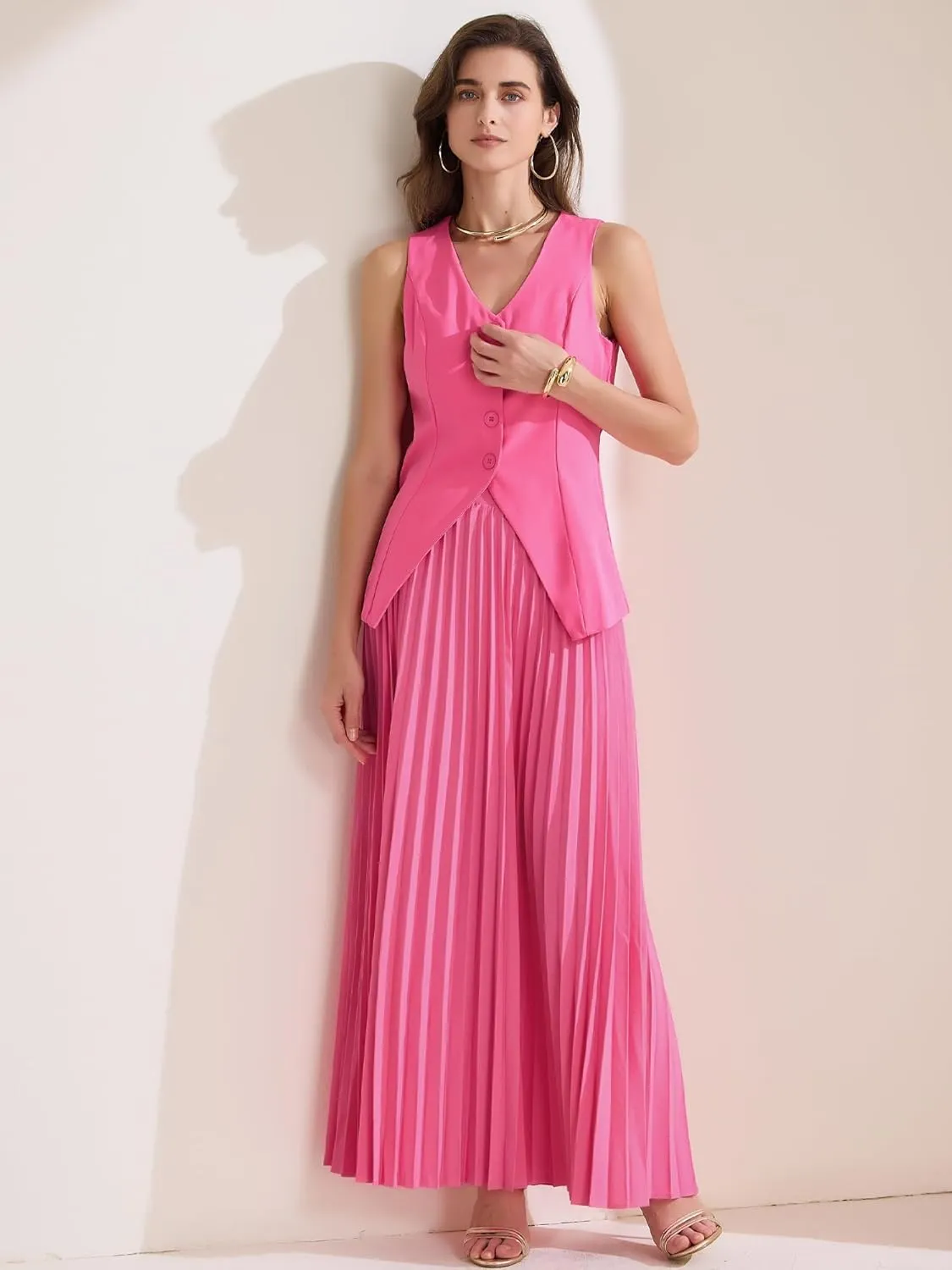 Allegra K Women's 2 Piece Summer Outfits V Neck Sleeveless Button Vest Maxi Pleated Skirts Set