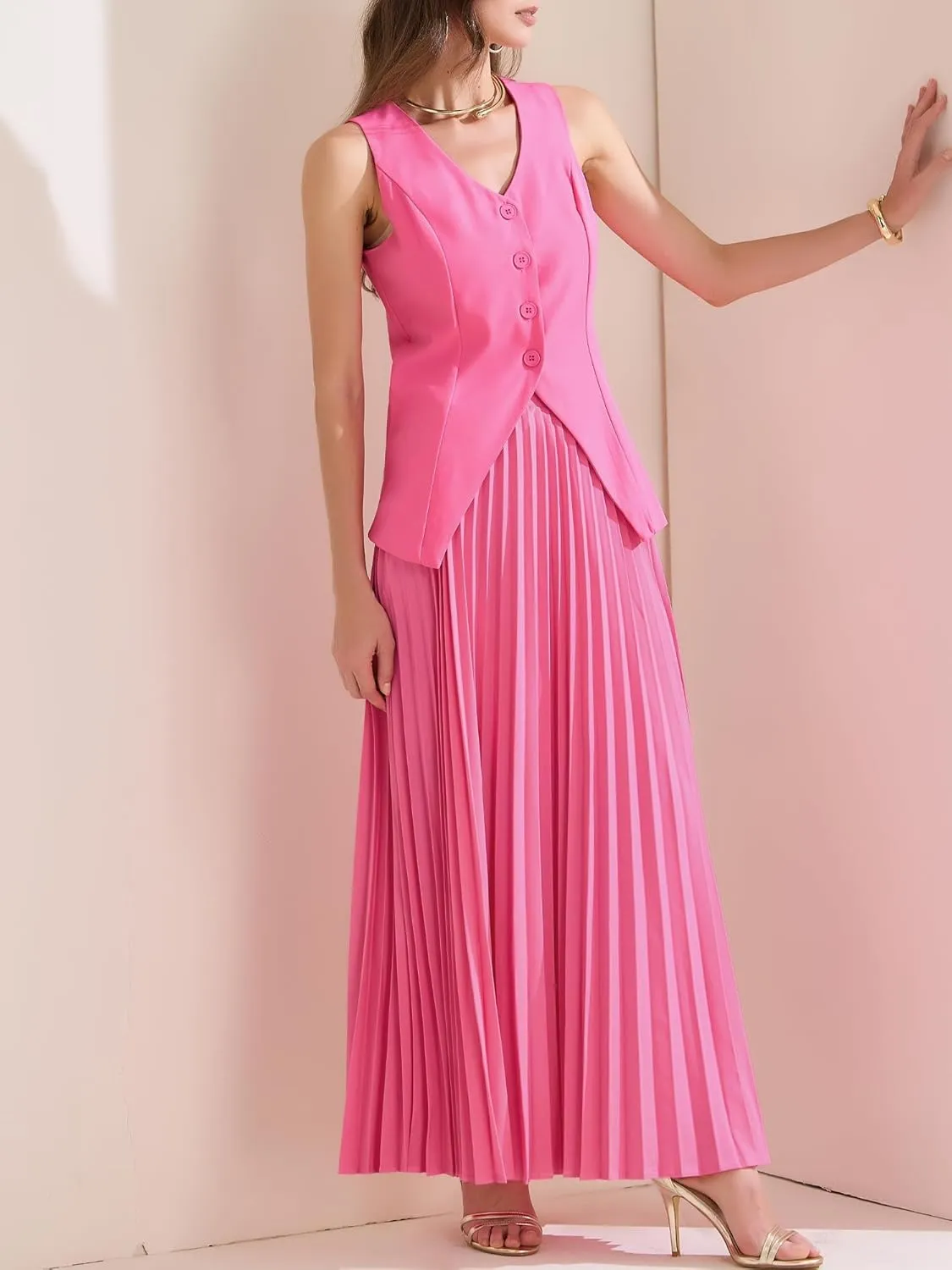 Allegra K Women's 2 Piece Summer Outfits V Neck Sleeveless Button Vest Maxi Pleated Skirts Set