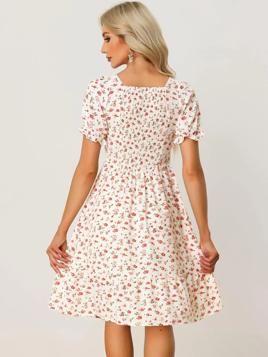 Allegra K Women's Summer Boho Floral Print Square Neck Smocked Ruffle Puff Sleeve A Line Mini Dress