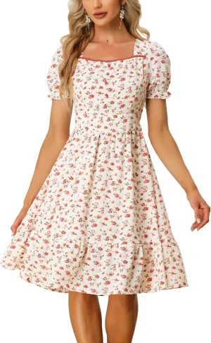 Allegra K Women's Summer Boho Floral Print Square Neck Smocked Ruffle Puff Sleeve A Line Mini Dress