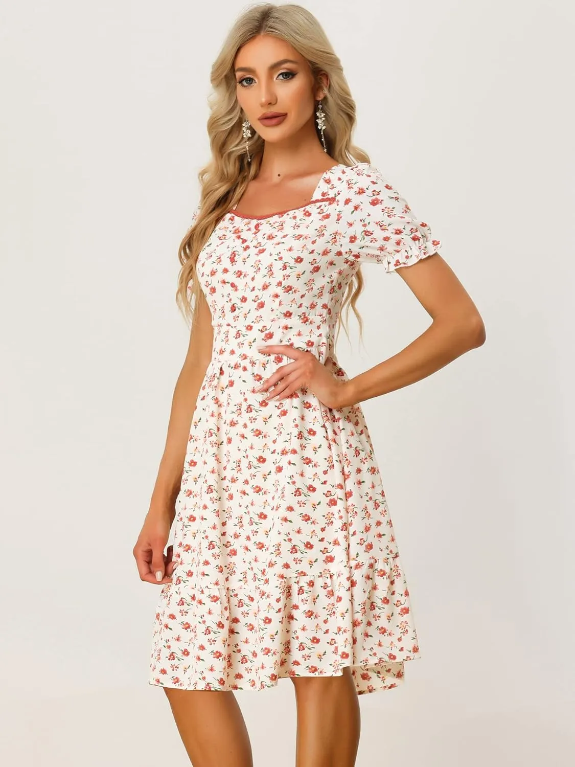 Allegra K Women's Summer Boho Floral Print Square Neck Smocked Ruffle Puff Sleeve A Line Mini Dress