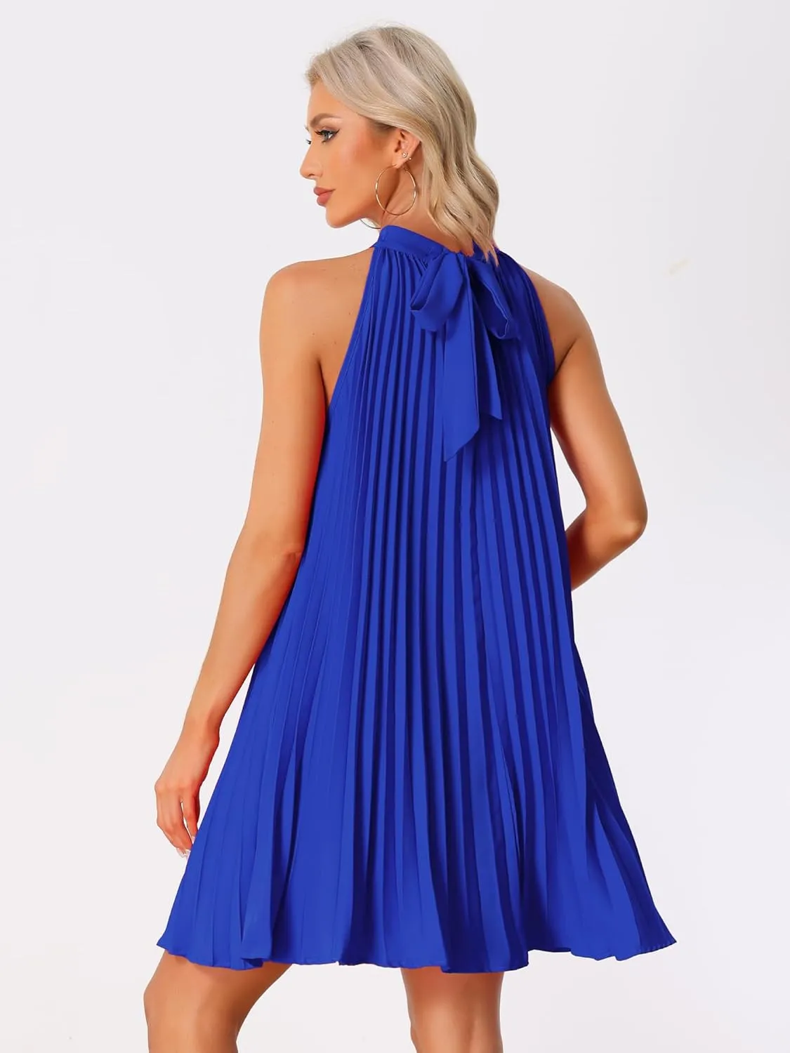 Allegra K Women's Tie Halter Neck Dress Sleeveless Summer Solid Color Flowy Pleated Beach Dress Sundress