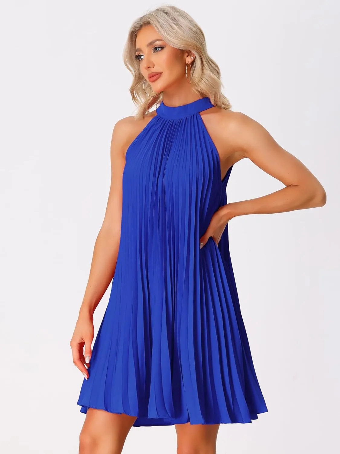 Allegra K Women's Tie Halter Neck Dress Sleeveless Summer Solid Color Flowy Pleated Beach Dress Sundress