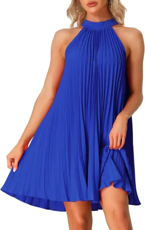 Allegra K Women's Tie Halter Neck Dress Sleeveless Summer Solid Color Flowy Pleated Beach Dress Sundress
