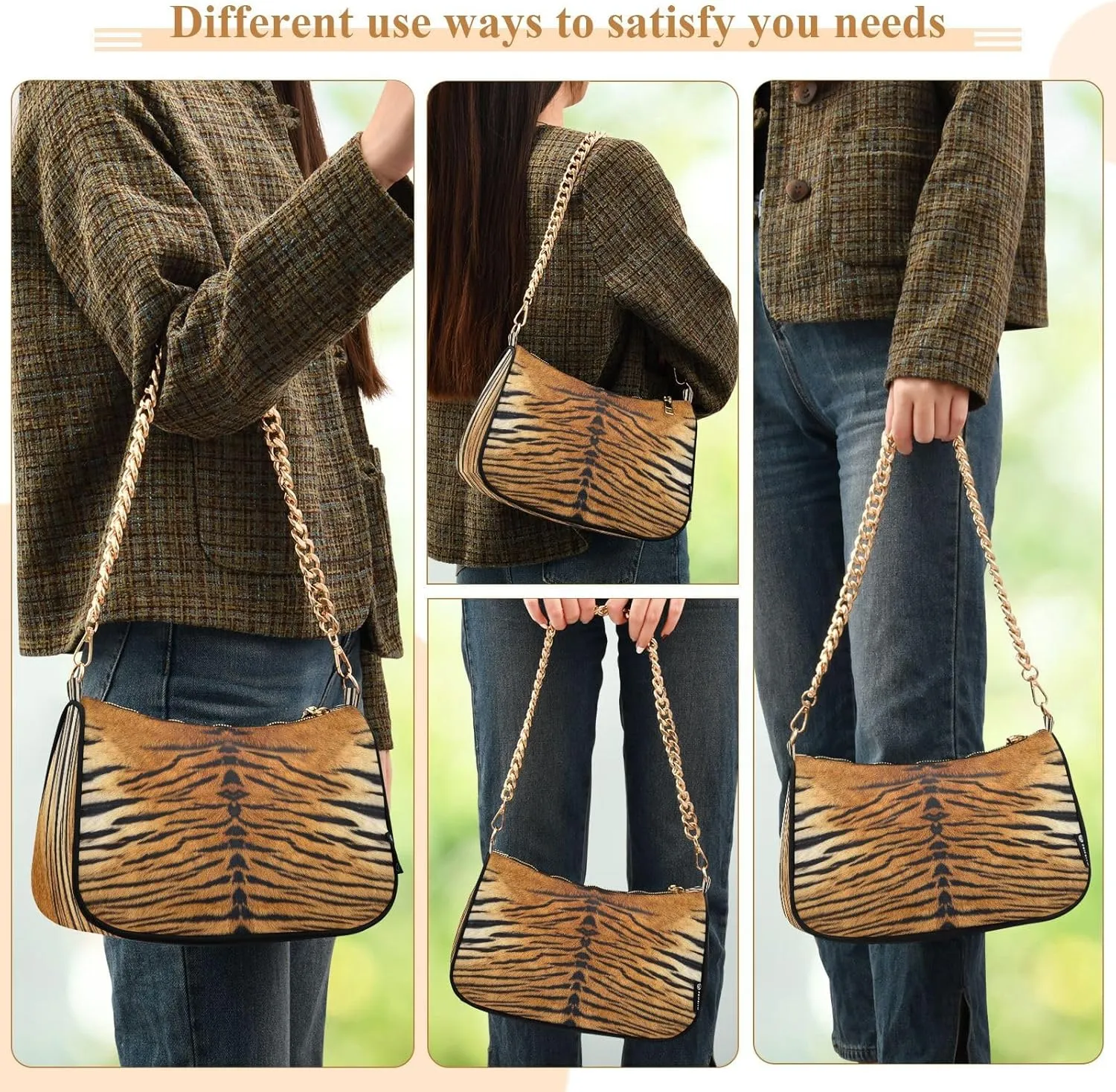 ALZA Shoulder Handbags for Women Travel Hobo Tote Handbag Women Gold Chain Shoulder Bags Purse with Zipper Closure