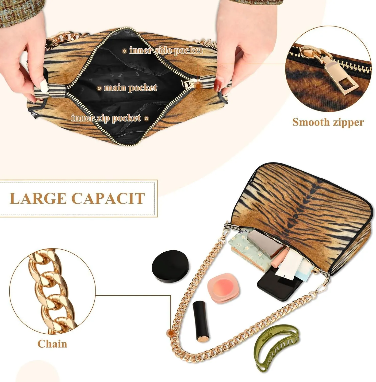ALZA Shoulder Handbags for Women Travel Hobo Tote Handbag Women Gold Chain Shoulder Bags Purse with Zipper Closure