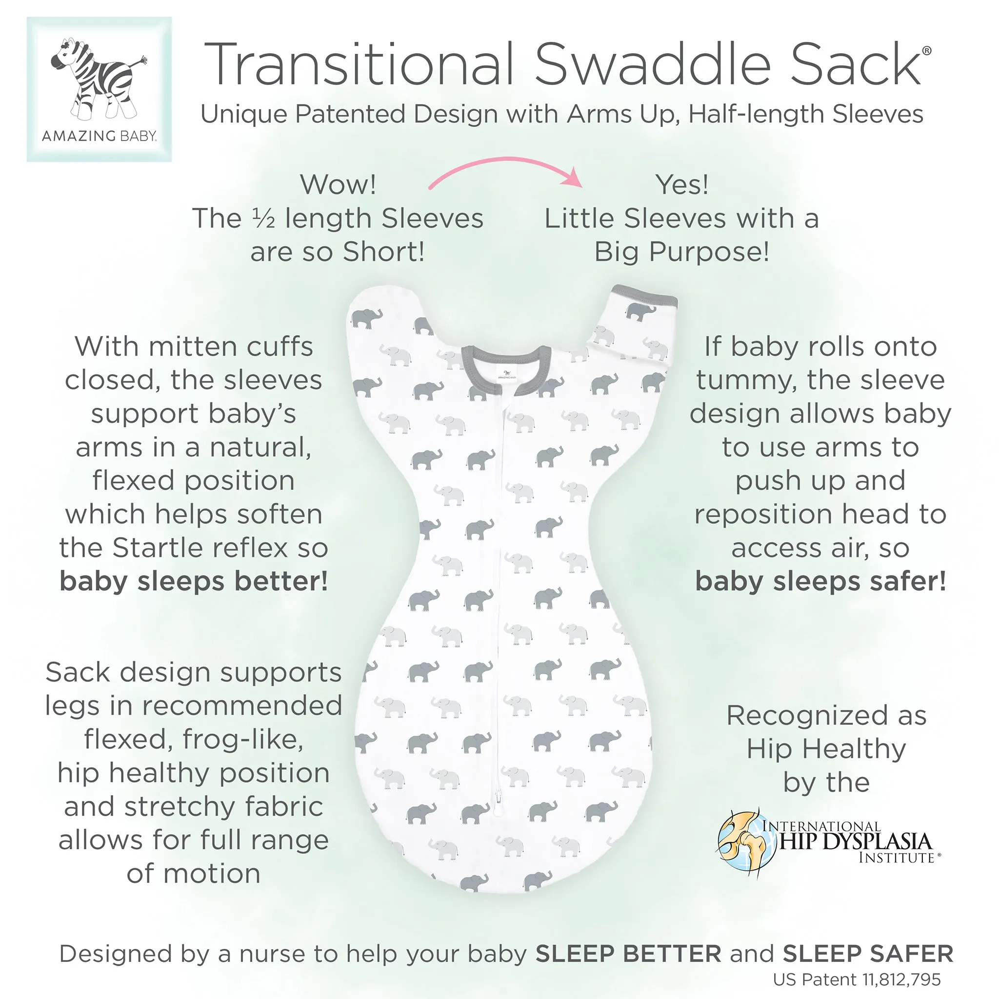 Amazing Baby - Transitional Swaddle Sack  - Arms Up 1/2-Length Sleeves & Mitten Cuffs, On Safari