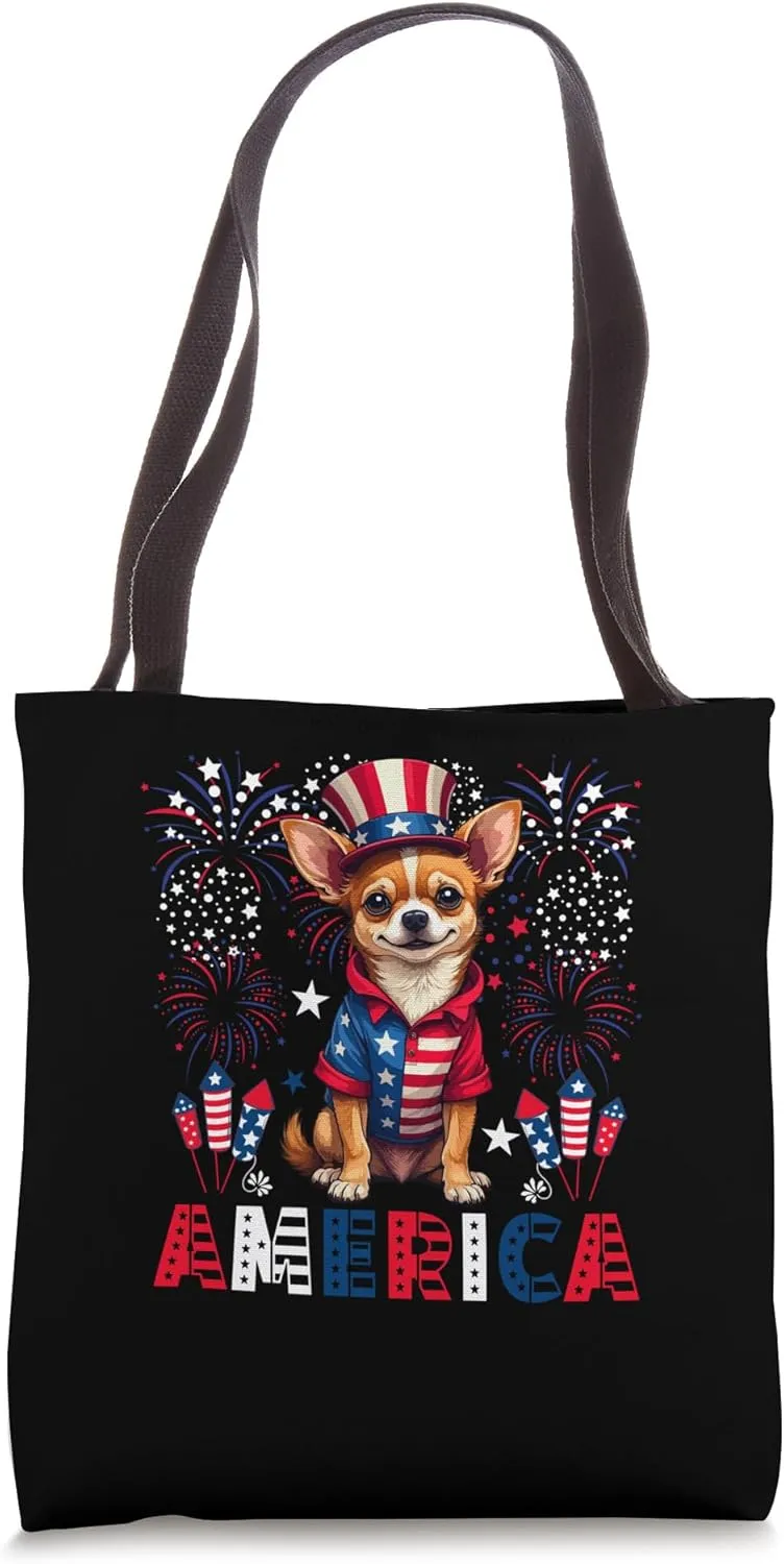America 4th Of July US Flag Fireworks Chihuahua Owner Lover Tote Bag