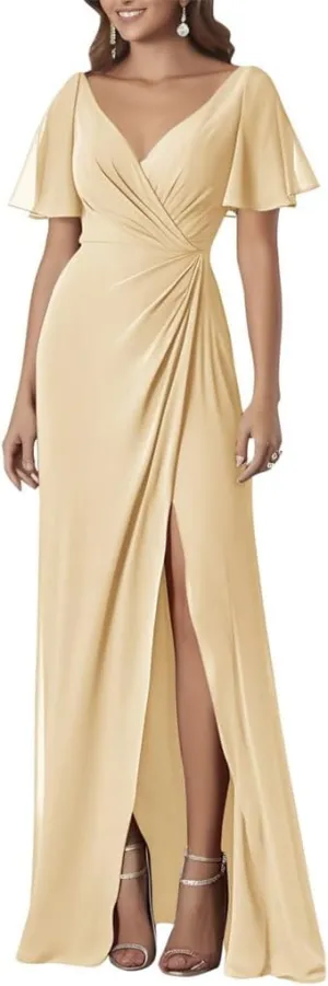 ANYSWBKN Ruffle Sleeves Prom Bridesmaid Dresses for Wedding Chiffon Long Evening Formal Party Gown with Slit Split