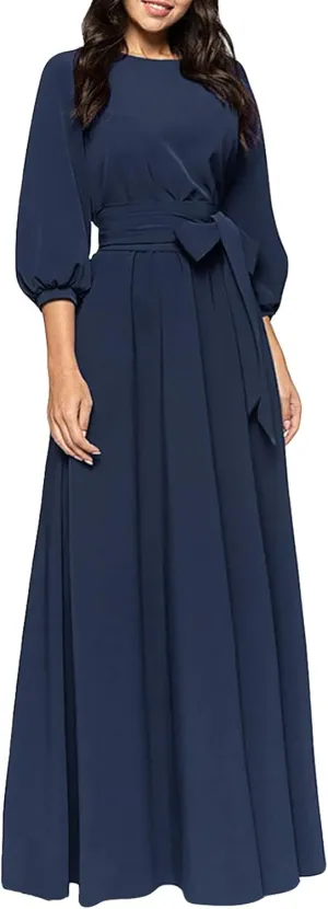 AOOKSMERY Women Elegance Audrey Hepburn Style Round Neck 3/4 Puff Sleeve Swing Maxi Dress Long Belt Dresses with Pockets