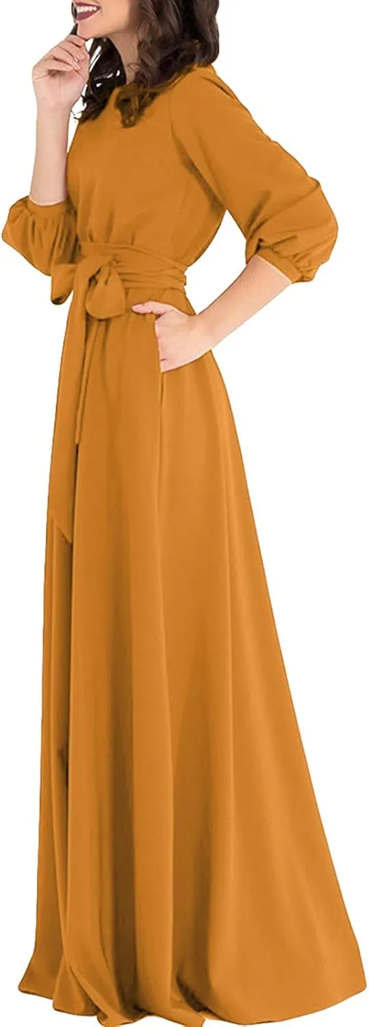 AOOKSMERY Women Elegance Audrey Hepburn Style Round Neck 3/4 Puff Sleeve Swing Maxi Dress Long Belt Dresses with Pockets