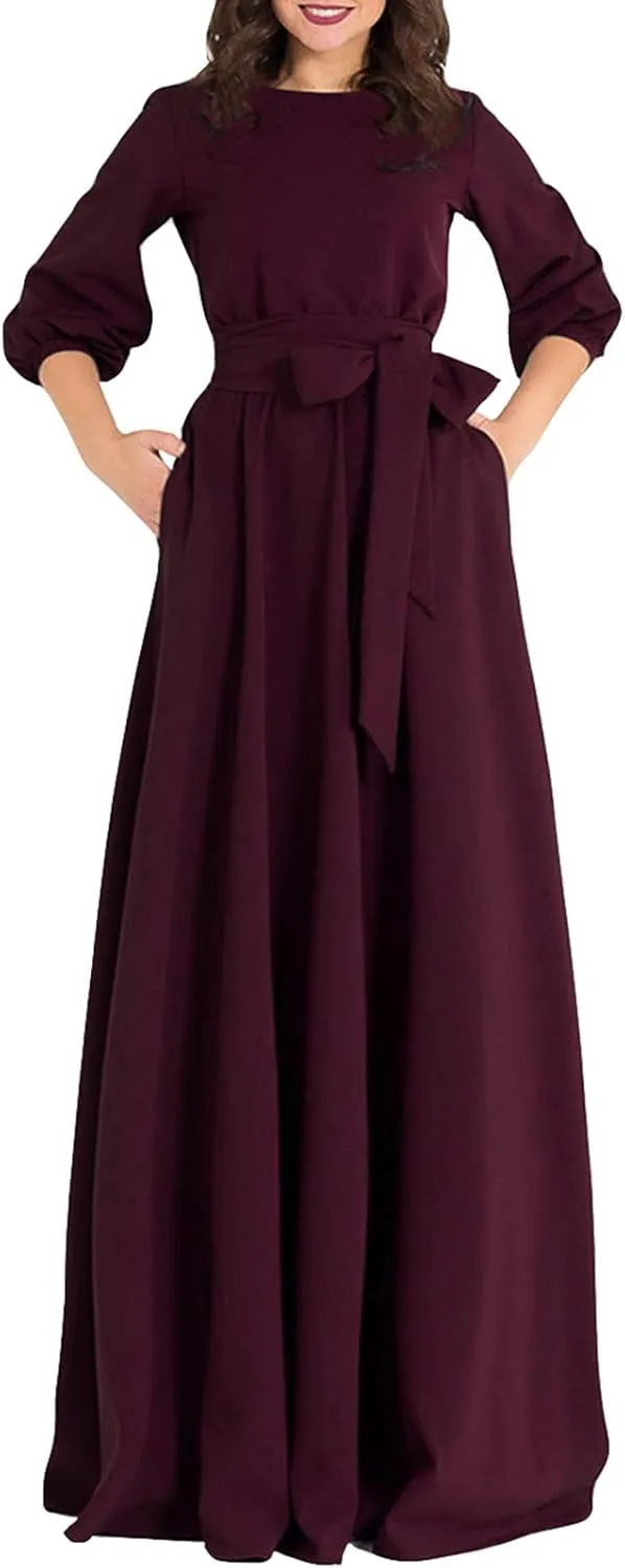 AOOKSMERY Women Elegance Audrey Hepburn Style Round Neck 3/4 Puff Sleeve Swing Maxi Dress Long Belt Dresses with Pockets