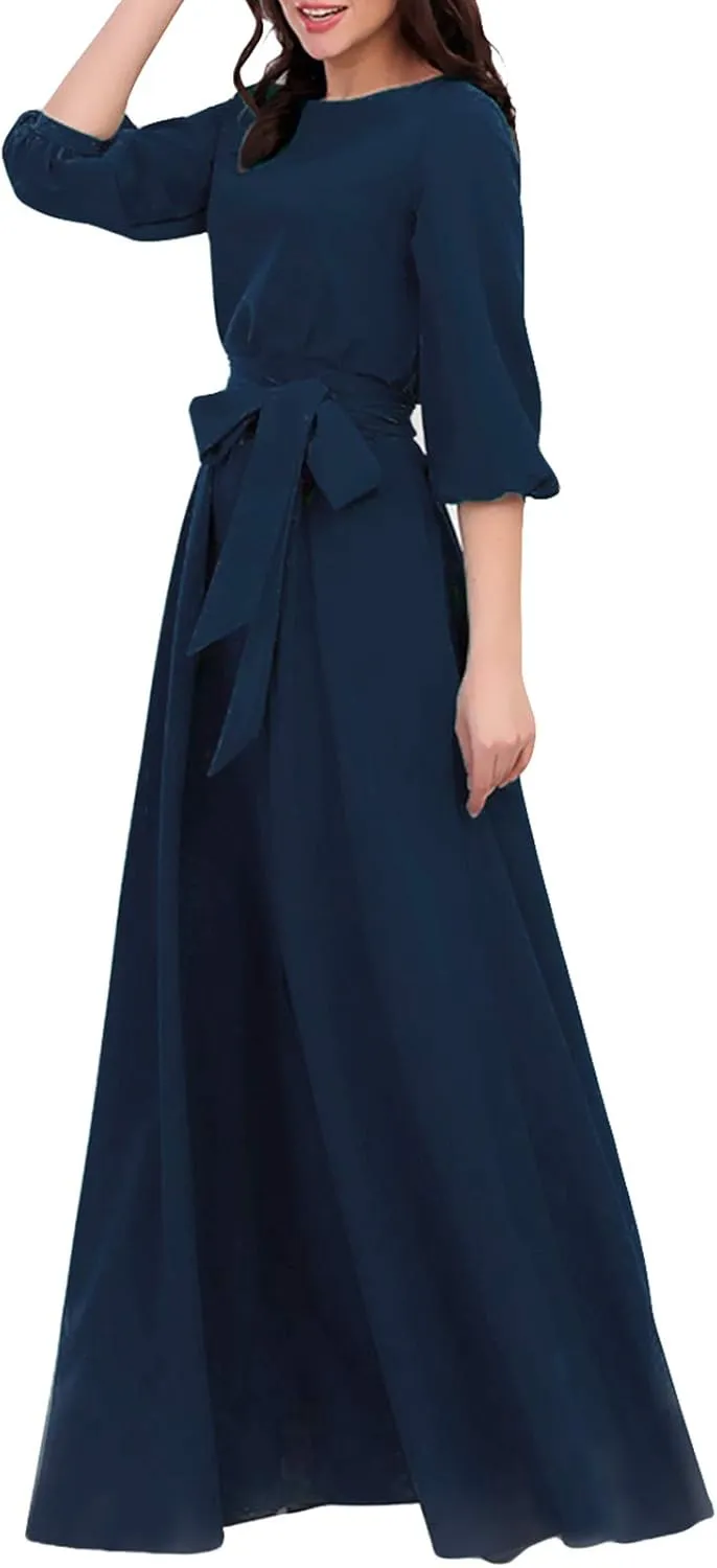 AOOKSMERY Women Elegance Audrey Hepburn Style Round Neck 3/4 Puff Sleeve Swing Maxi Dress Long Belt Dresses with Pockets