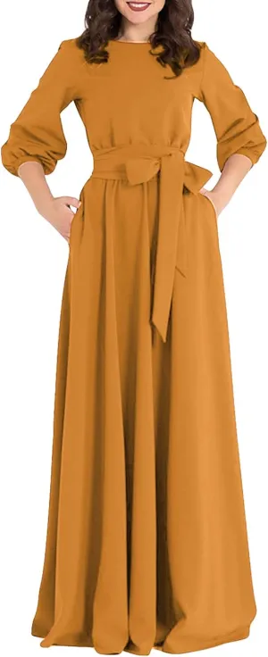 AOOKSMERY Women Elegance Audrey Hepburn Style Round Neck 3/4 Puff Sleeve Swing Maxi Dress Long Belt Dresses with Pockets