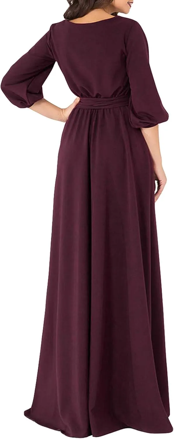 AOOKSMERY Women Elegance Audrey Hepburn Style Round Neck 3/4 Puff Sleeve Swing Maxi Dress Long Belt Dresses with Pockets