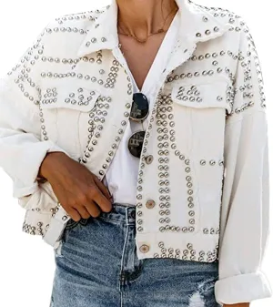 APAFES Women's Fashion Crop Fringe Denim Jacket Distressed Western Studded Black Trucker Jacket