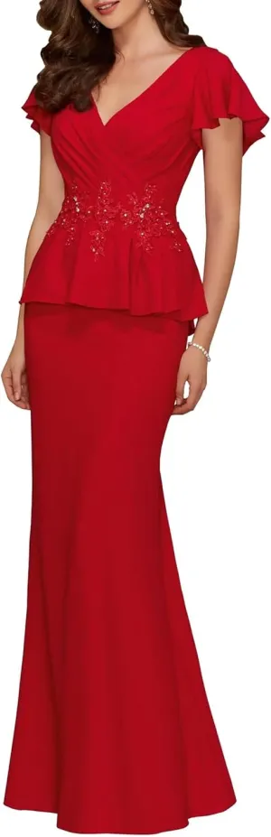 Appliques Mermaid Mother of The Bride Dresses Short Sleeve V Neck Chiffon Mother of The Groom Dresses for Wedding Guest