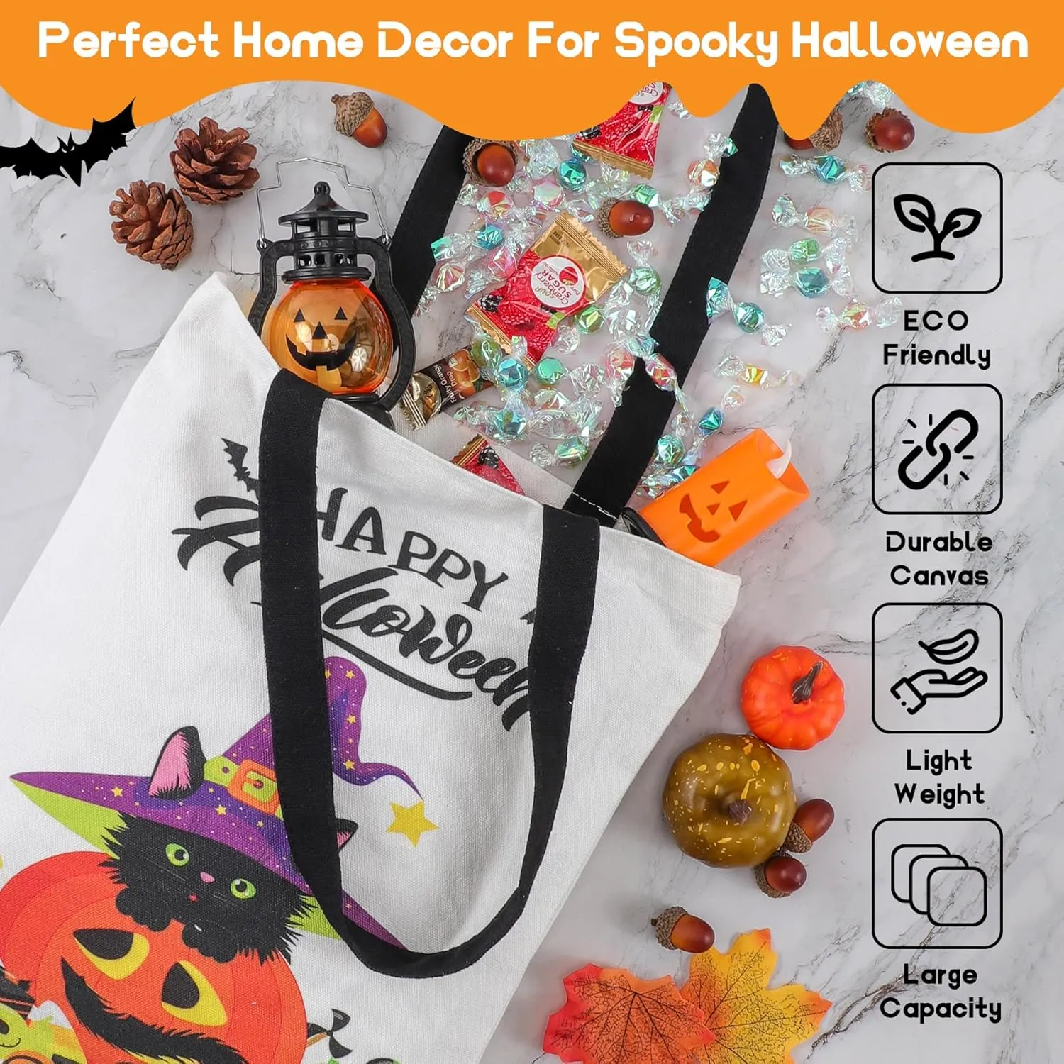 ATFUNSHOP Trick or Treat Bag - Reusable 15.7'' Large Canvas Tote & Grocery Bag for Kids