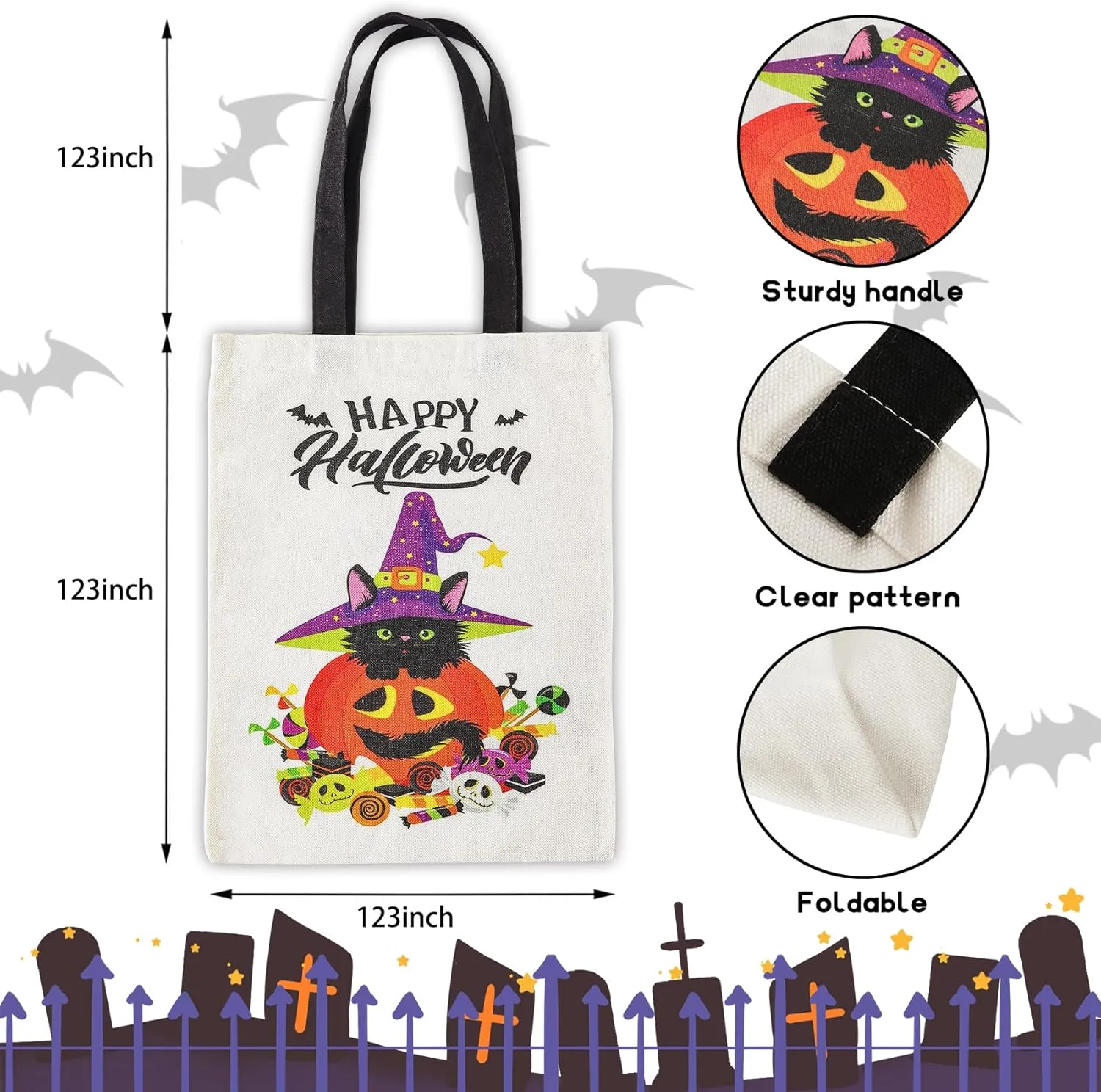 ATFUNSHOP Trick or Treat Bag - Reusable 15.7'' Large Canvas Tote & Grocery Bag for Kids