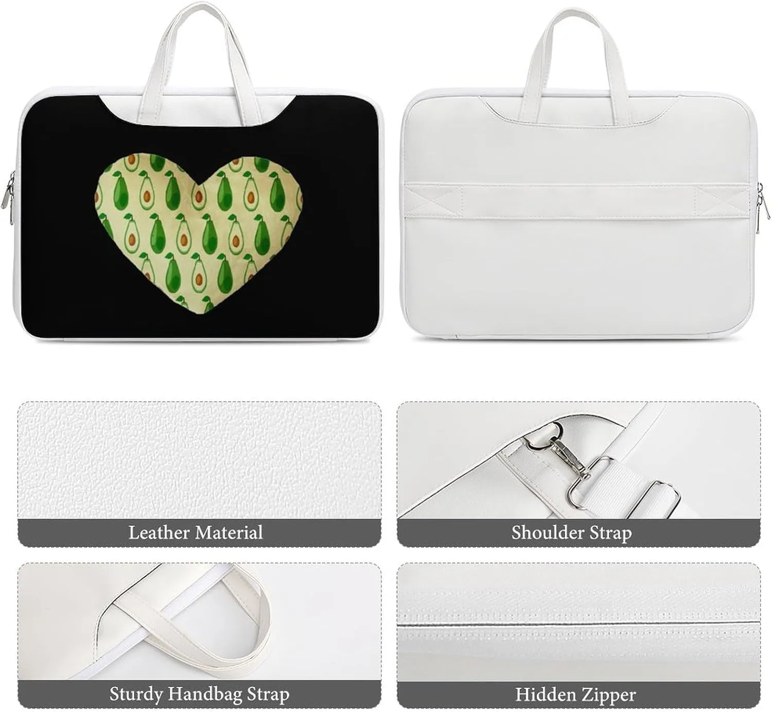 Avocado Love Heart Leather Bag Laptop Case Slim Water Resistant Computer Bags with Handle Briefcase for Work