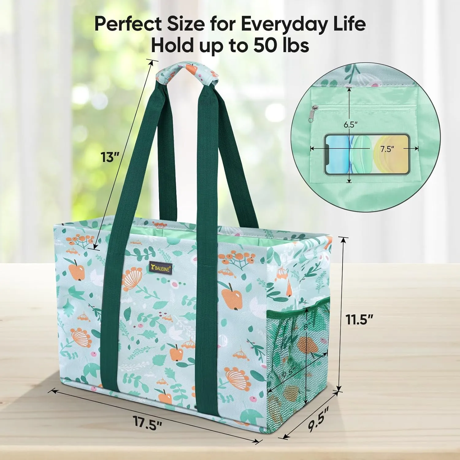 BALEINE Soft 9 Gallon Extra Large Utility Tote, Foldable Reusable Storage Bag (Spring Stroll)