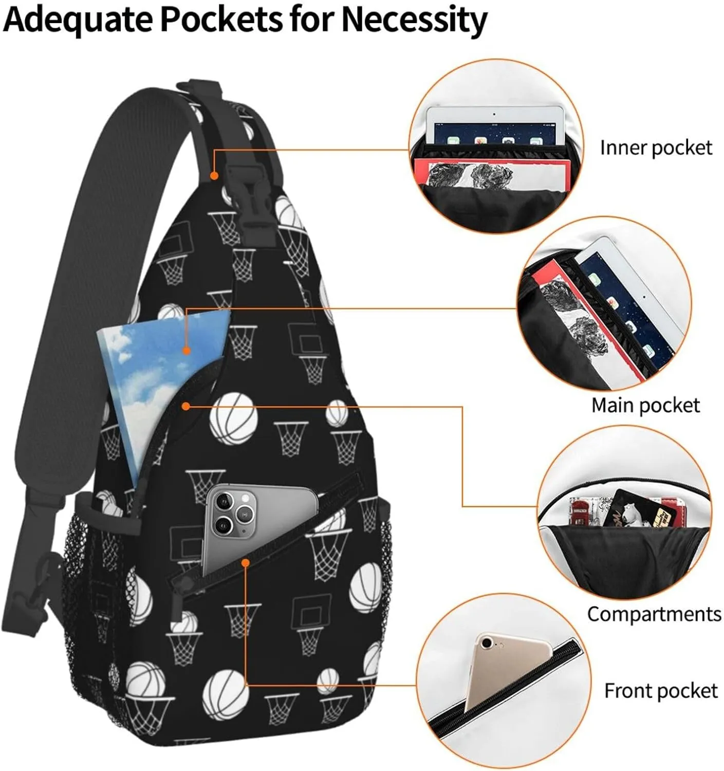 Basketball Hoops Chest Bags Crossbody Sling Bag Shoulder Bag Travel Hiking Daypack For Men Women