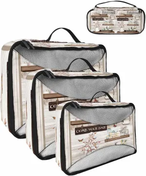 Bathroom Bottle Butterfly Jar Roll Paper 4 Set Packing Cubes, Retro Wood Barn Packing Cubes for Carry on Suitcase Travel Essential Bag for Clothes Shoes Cosmetics Toiletry