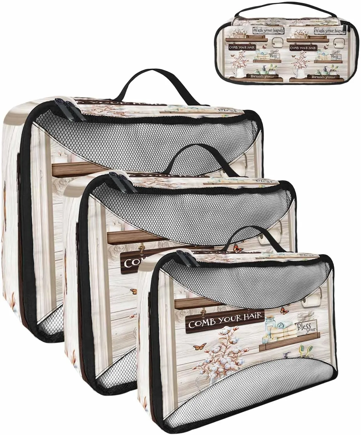 Bathroom Bottle Butterfly Jar Roll Paper 4 Set Packing Cubes, Retro Wood Barn Packing Cubes for Carry on Suitcase Travel Essential Bag for Clothes Shoes Cosmetics Toiletry