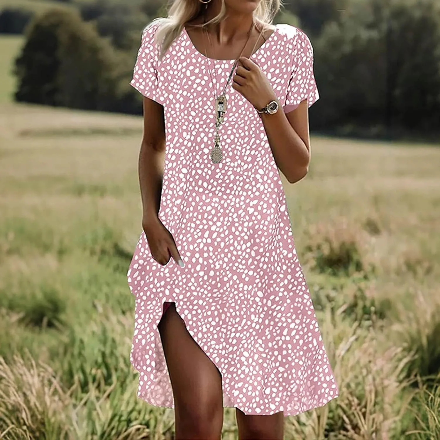 BAXLIMEK Beach Dresses for Women,2025 Summer Trendy Floral Print Boho Vacation Dress,Casual Short Sleeve Flowy Midi Dress