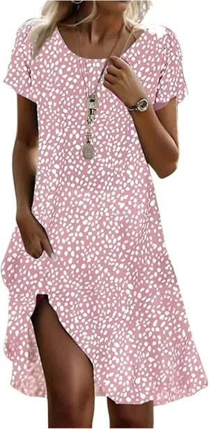 BAXLIMEK Beach Dresses for Women,2025 Summer Trendy Floral Print Boho Vacation Dress,Casual Short Sleeve Flowy Midi Dress