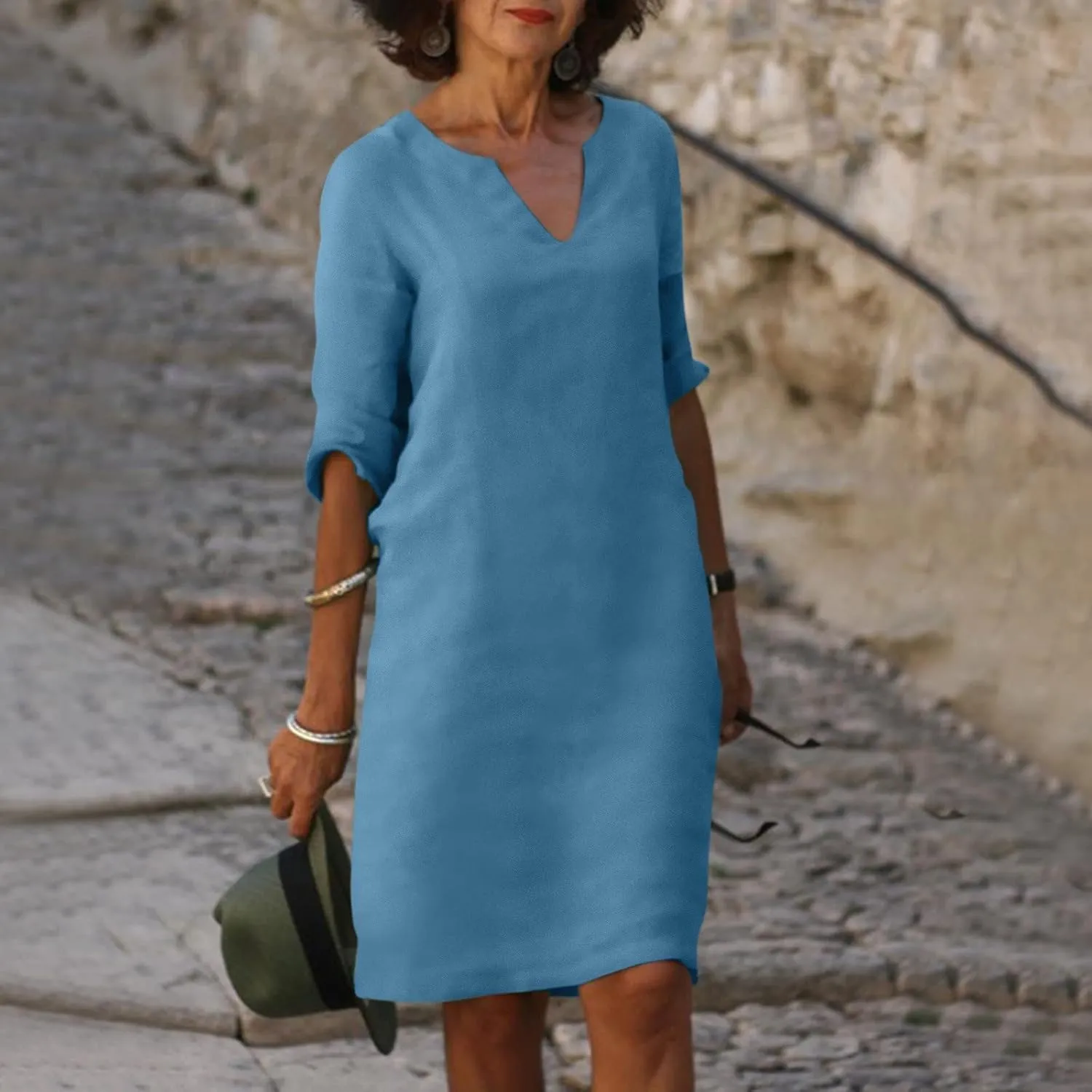 BAXLIMEK Cotton Linen Dresses for Women,2025 Summer Trendy Elegant Plain Beach Dress,Casual 3/4 Sleeve Midi Dress