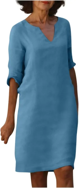 BAXLIMEK Cotton Linen Dresses for Women,2025 Summer Trendy Elegant Plain Beach Dress,Casual 3/4 Sleeve Midi Dress