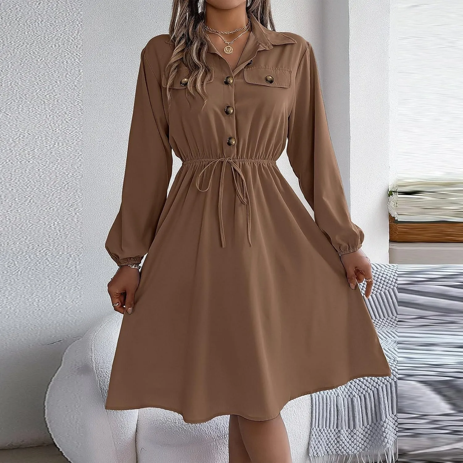BAXLIMEK Midi Dresses for Women,2025 Spring Elegant Trendy Long Sleeve Dress Flowy Pleated A Line Vacation Dress Work Outfits