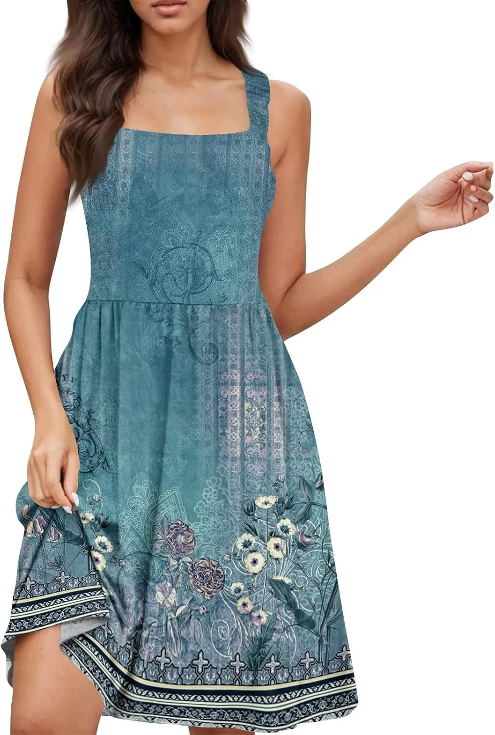 BAXLIMEK Sundresses for Women,2025 Spring Summer Trendy Floral Print Beach Dress,Square Neck Tank Flowy Ruched Boho Dress