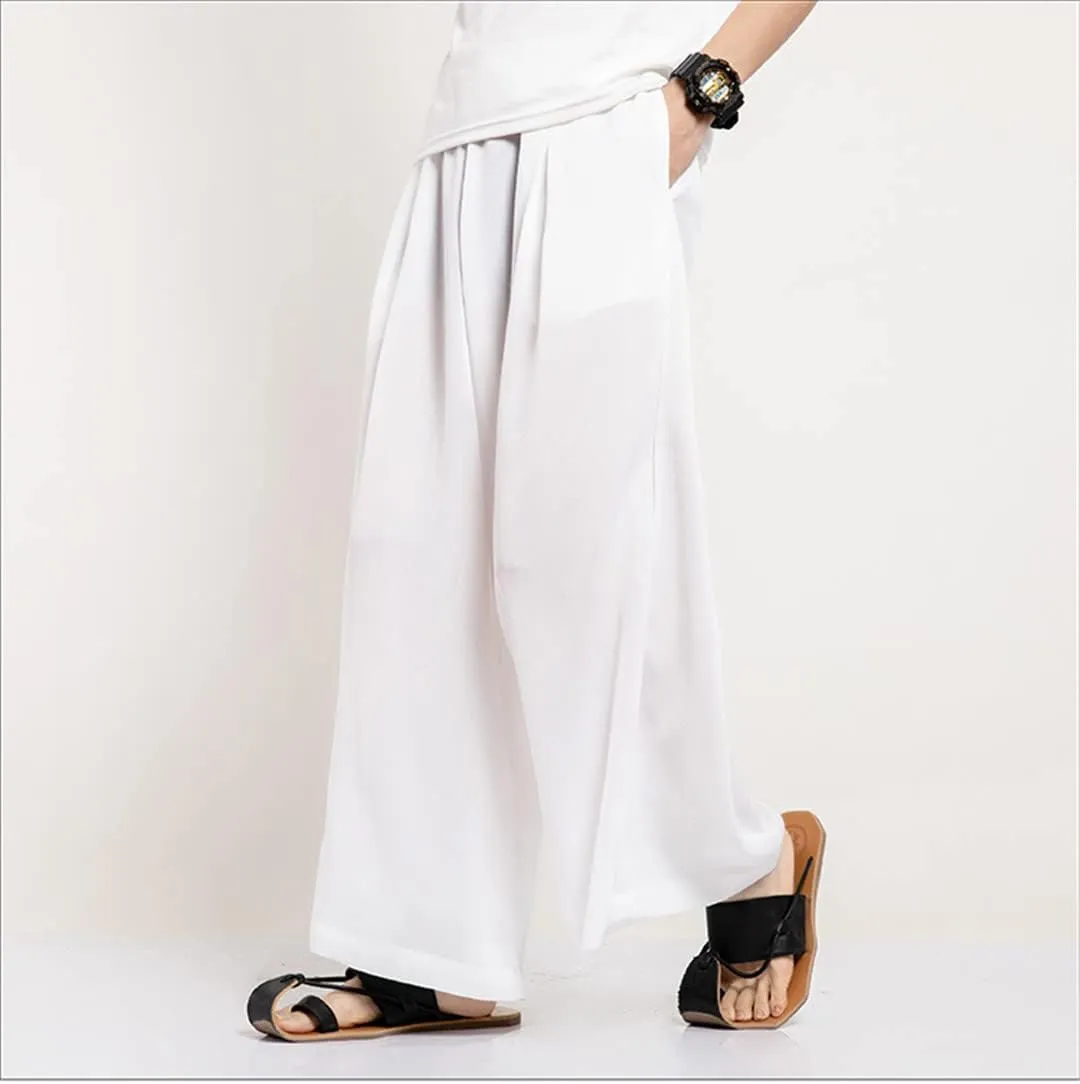 Bciopll Men Summer Thin Wide Leg Pants White Harajuku Harem Pants Chinese Style Skirt Trousers