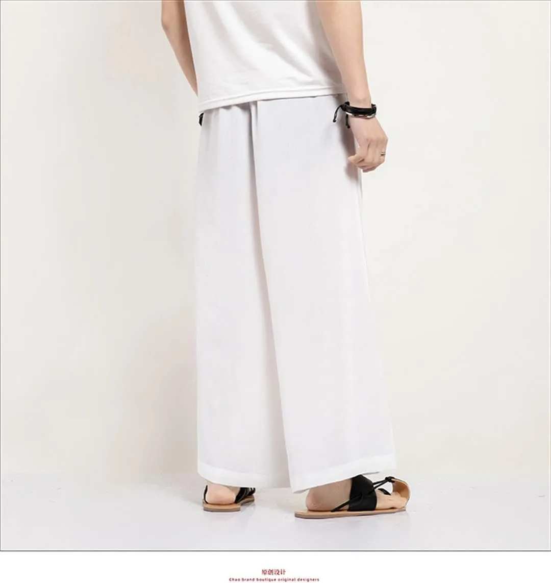 Bciopll Men Summer Thin Wide Leg Pants White Harajuku Harem Pants Chinese Style Skirt Trousers