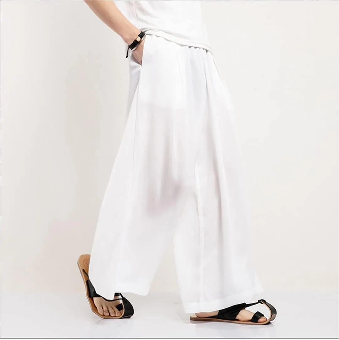 Bciopll Men Summer Thin Wide Leg Pants White Harajuku Harem Pants Chinese Style Skirt Trousers
