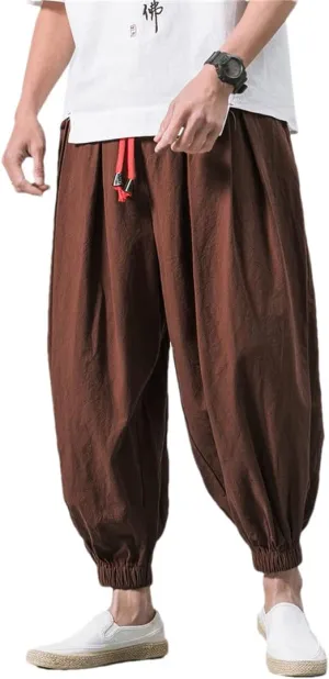 Bciopll Men's Cotton Linen Casual Solid Colors Loose Trousers Japanese Style Elastic Waist Harem Pants