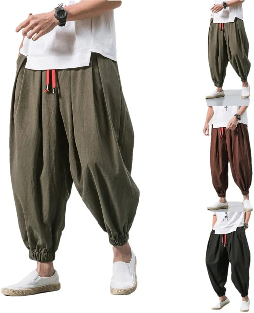 Bciopll Men's Cotton Linen Casual Solid Colors Loose Trousers Japanese Style Elastic Waist Harem Pants