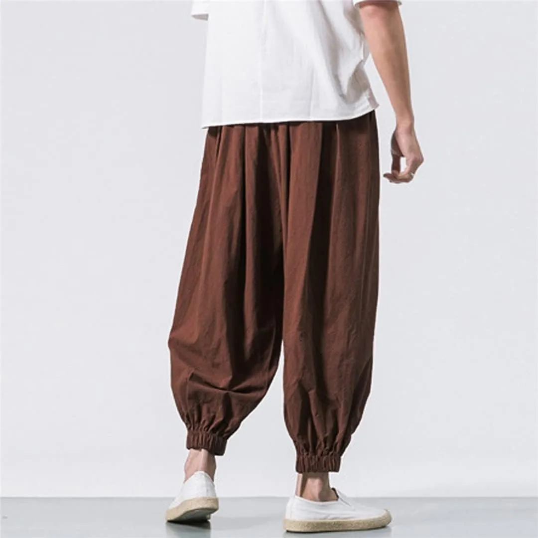 Bciopll Men's Cotton Linen Casual Solid Colors Loose Trousers Japanese Style Elastic Waist Harem Pants