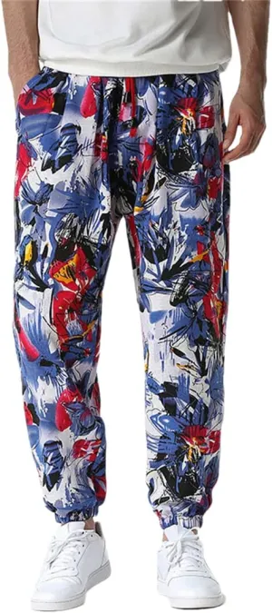 Bciopll Mens Nation Print Cotton Linen Joggers Pants Hip Hop Harem Trousers