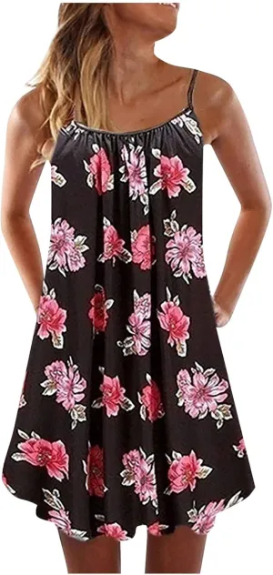 Beach Dresses for Women,2024 Summer Casual Loose Sleeveless Sling Sundress,Trendy Print Flowy Ruched Mini Boho Dress
