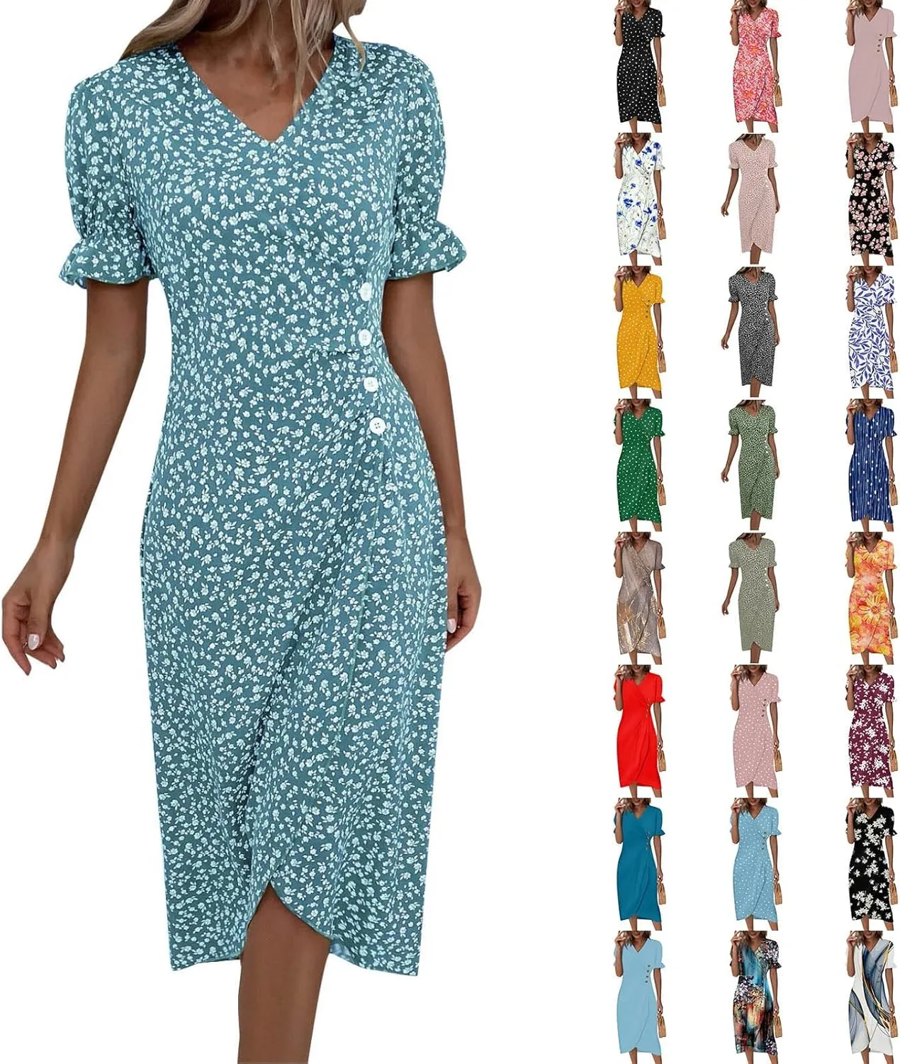 Beach Dresses for Women,2025 Spring Summer Trendy Floral Boho V Neck Short Sleeve Irregular Hem Midi Dress
