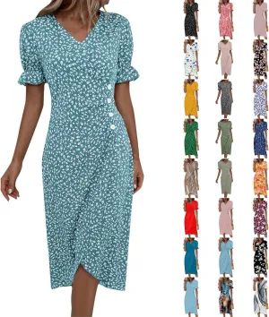Beach Dresses for Women,2025 Spring Summer Trendy Floral Boho V Neck Short Sleeve Irregular Hem Midi Dress