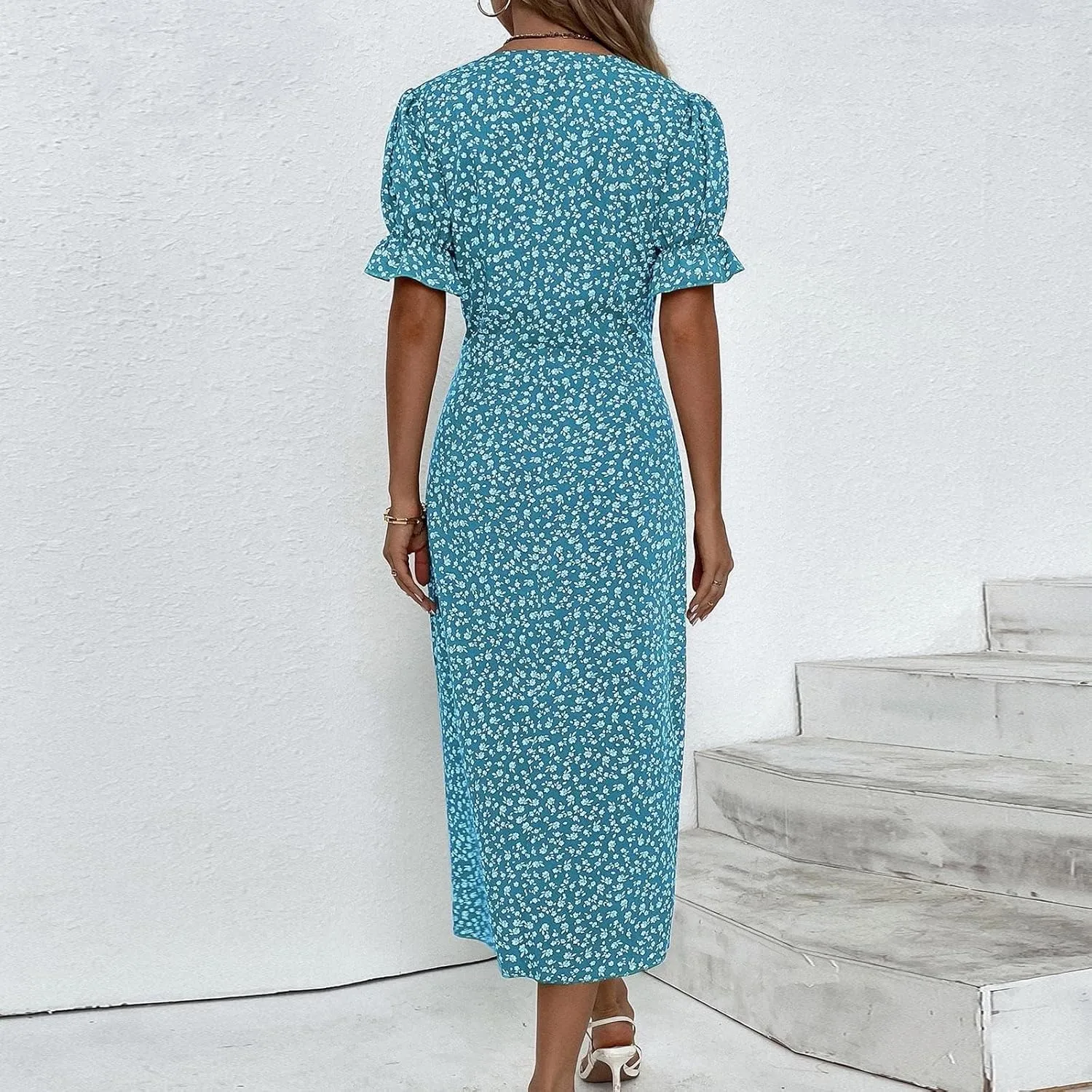 Beach Dresses for Women,2025 Spring Summer Trendy Floral Boho V Neck Short Sleeve Irregular Hem Midi Dress