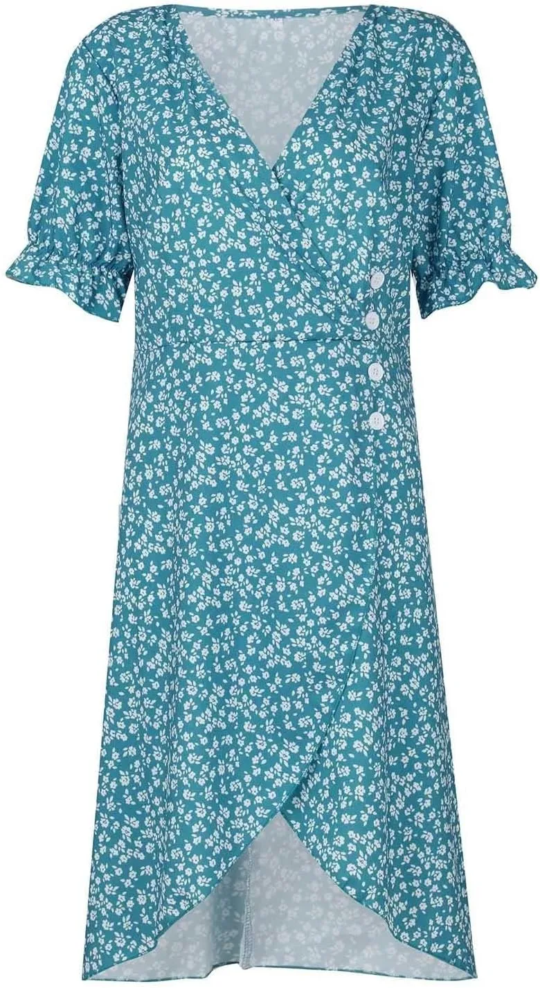 Beach Dresses for Women,2025 Spring Summer Trendy Floral Boho V Neck Short Sleeve Irregular Hem Midi Dress