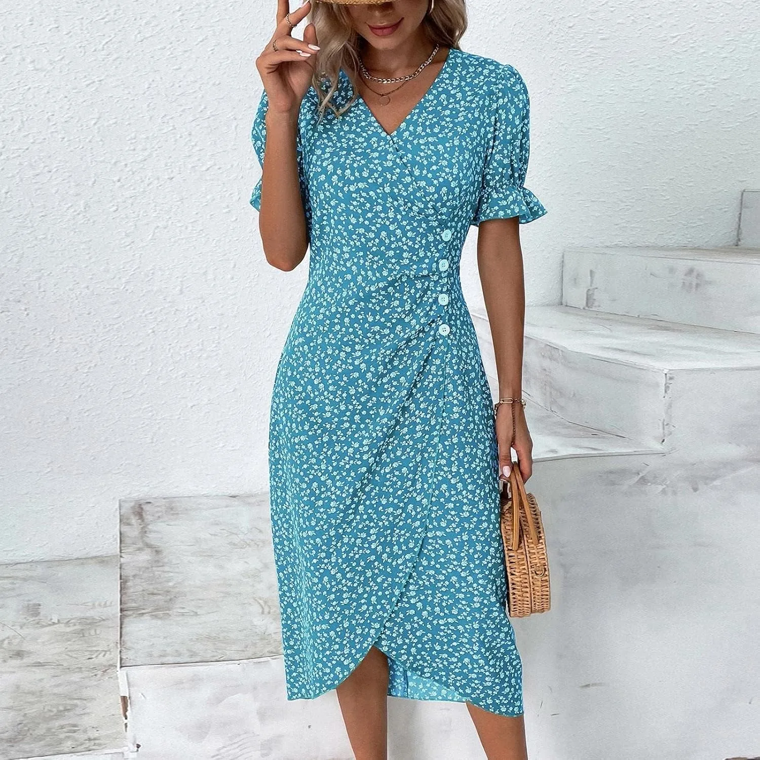 Beach Dresses for Women,2025 Spring Summer Trendy Floral Boho V Neck Short Sleeve Irregular Hem Midi Dress
