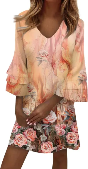 Beach Dresses for Women,2025 Summer Trendy Floral Print Boho Dress,Casual Loose V Neck Bell 3/4 Sleeve Mini Dress